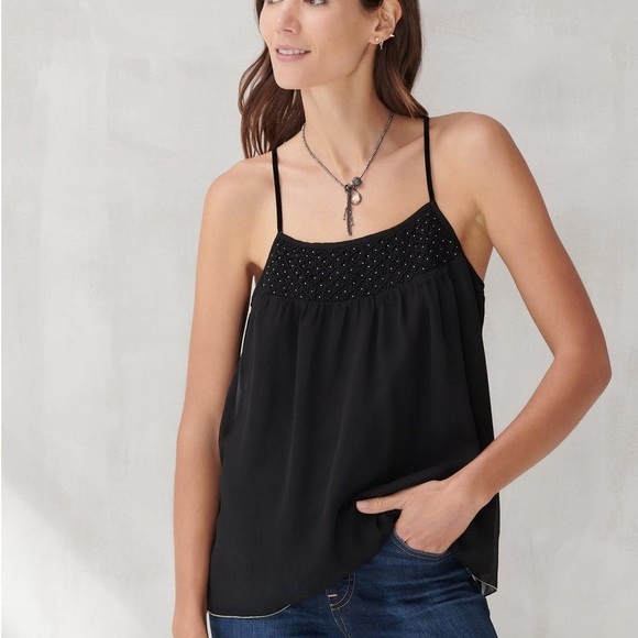 Lucky Brand smocked cami NWT black beaded tank top velvet straps Size Small - Picture 2 of 10
